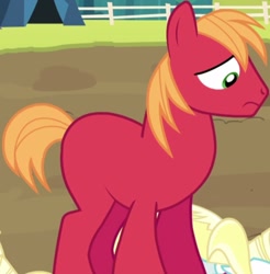 Size: 640x650 | Tagged: safe, edit, edited screencap, screencap, big macintosh, pony, brotherhooves social, cute, macabetes, missing accessory, missing cutie mark, red, sad, solo