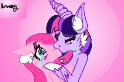 Size: 836x557 | Tagged: safe, artist:lunarsky, derpibooru import, pinkie pie, twilight sparkle, earth pony, pony, crying, female, kissing, lesbian, pinkamena diane pie, shipping, twinkie