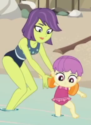 Size: 290x398 | Tagged: safe, derpibooru import, screencap, victoria, water lily (equestria girls), equestria girls, equestria girls series, turf war, baby, barefoot, clothes, cropped, cute, feet, female, mother and child, mother and daughter, parent and child, swimsuit