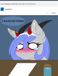 Size: 530x697 | Tagged: safe, artist:melodytheartpony, derpibooru import, oc, oc:melody silver, ask, baka, clothes, cosplay, cosplay zero two, costume, darling in the franxx, embarrassed, hiding, tumblr