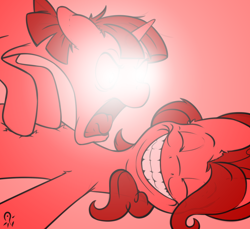 Size: 1000x916 | Tagged: safe, artist:senaelik, derpibooru import, pinkie pie, twilight sparkle, earth pony, pony, /mlp/, 4chan, drawthread, duo, female, glowing eyes, glowing eyes meme, looney tunes, mare, monochrome, open mouth, ponified, redscale, signature