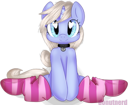 Size: 2000x1651 | Tagged: safe, artist:donutnerd, oc, oc only, oc:moonbow, pony, unicorn, clothes, collar, cute, heart eyes, kneeling, pet play, pet tag, simple background, socks, solo, striped socks, transparent background, wingding eyes