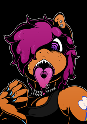 Size: 1024x1449 | Tagged: safe, artist:theobrobine, derpibooru import, scootaloo, anthro, choker, clothes, ear piercing, female, open mouth, piercing, sharp teeth, simple background, solo, swirly eyes, tattoo, teeth, thumbs down, tongue out, tongue piercing