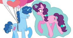 Size: 1624x864 | Tagged: safe, artist:xxbrowniepawxx, derpibooru import, party favor, sugar belle, pony, unicorn, balloon, base used, digital art, female, glowing horn, levitation, magic, male, mare, partybelle, self-levitation, shipping, simple background, stallion, straight, telekinesis, transparent background