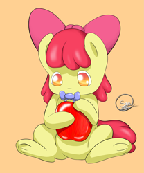 Size: 2835x3402 | Tagged: safe, artist:kisaradoesart16, derpibooru import, apple bloom, earth pony, pony, apple, baby, baby pony, bow, female, filly, food, pacifier, simple background, solo, younger