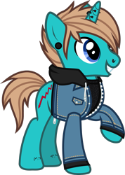 Size: 869x1221 | Tagged: safe, artist:lightningbolt, derpibooru exclusive, derpibooru import, pony, unicorn, .svg available, as it is, clothes, ear piercing, gauges, grin, hair over one eye, happy, hoodie, horn piercing, jacket, male, nose piercing, open mouth, patty walters, piercing, ponified, raised hoof, shirt, simple background, smiling, solo, stallion, svg, tattoo, transparent background, undershirt, vector, zipper