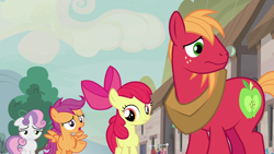 Size: 1920x1080 | Tagged: safe, screencap, apple bloom, big macintosh, scootaloo, sweetie belle, pony, hard to say anything, cutie mark crusaders, lidded eyes, our town