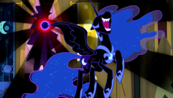 Size: 1280x720 | Tagged: safe, derpibooru import, screencap, nightmare moon, tantabus, alicorn, pony, do princesses dream of magic sheep, ethereal mane, evil laugh, female, laughing, mare, moon, nose in the air, open mouth, sharp teeth, solo, spread wings, starry mane, teeth, volumetric mouth, wings