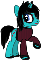 Size: 848x1238 | Tagged: safe, artist:lightningbolt, derpibooru exclusive, derpibooru import, pony, unicorn, .svg available, as it is, clothes, dyed mane, ear piercing, emo, eyeliner, eyeshadow, frown, gauges, hair over one eye, hoof polish, horn piercing, lipstick, looking back, makeup, male, nose piercing, painted horn, patty walters, piercing, ponified, raised hoof, shirt, simple background, solo, stallion, svg, tattoo, transparent background, vector