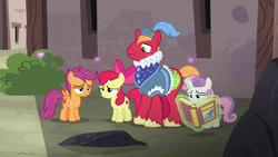 Size: 1920x1080 | Tagged: safe, screencap, apple bloom, big macintosh, scootaloo, sweetie belle, pony, hard to say anything, cutie mark crusaders, dressup, heart, lidded eyes, prince outfit, ruff (clothing)