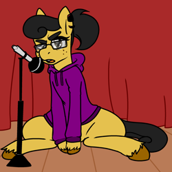 Size: 2276x2273 | Tagged: safe, artist:/d/non, oc, oc only, oc:iggy the kidd, pony, clothes, curtain, female, freckles, glasses, hoodie, microphone, piercing, sitting, solo, stage, unshorn fetlocks