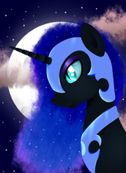 Size: 584x800 | Tagged: safe, artist:cinnamonaurora, derpibooru import, nightmare moon, alicorn, pony, female, looking at you, mare, moon, solo