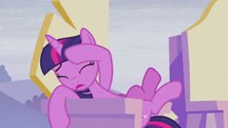 Size: 1280x720 | Tagged: safe, derpibooru import, screencap, twilight sparkle, twilight sparkle (alicorn), alicorn, the cutie re-mark, alternate timeline, chair, crystal war timeline, cute, reclining, sitting, solo, throne, twiabetes