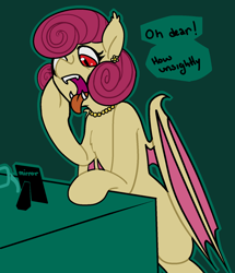 Size: 1450x1683 | Tagged: safe, artist:/d/non, posey shy, bat pony, pony, vampony, 30 minute art challenge, bat ponified, chest fluff, dialogue, fangs, female, glasses, jewelry, mrs. batshy, open mouth, race swap, solo, tongue out