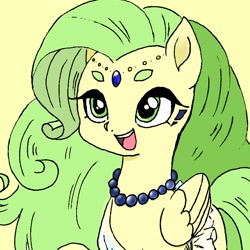 Size: 768x768 | Tagged: safe, artist:zoomiso, derpibooru import, oc, oc only, pegasus, pony, female, jewelry, mare, necklace, simple background, smiling, solo, yellow background