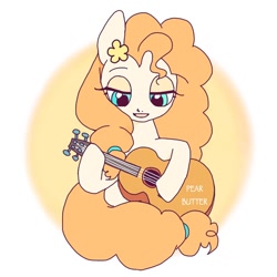 Size: 766x766 | Tagged: safe, artist:zoomiso, derpibooru import, pear butter, earth pony, pony, female, guitar, mare, musical instrument, simple background, solo