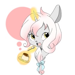 Size: 768x768 | Tagged: safe, artist:zoomiso, derpibooru import, oc, oc only, unicorn, bow, bust, cute, eating, female, flan, food, hair bow, looking away, mare, pudding, solo