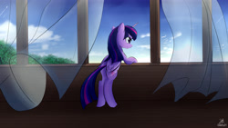 Size: 3840x2160 | Tagged: safe, artist:dashy21, derpibooru import, twilight sparkle, twilight sparkle (alicorn), alicorn, seagull, curtains, solo, window