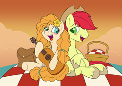 Size: 4093x2894 | Tagged: safe, artist:esfelt, derpibooru import, bright mac, pear butter, earth pony, pony, basket, brightbutter, female, flower, flower in hair, guitar, hat, male, mare, picnic basket, picnic blanket, shipping, singing, smiling, stallion, straight