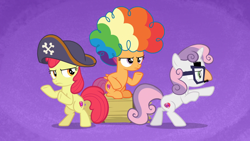 Size: 1920x1080 | Tagged: safe, screencap, apple bloom, scootaloo, sweetie belle, pony, hard to say anything, agent rainbow head, charlie's angels, clown wig, cute, cutie mark crusaders, disguise, dressup, groucho mask, hat, pirate hat, pose as a team, shimmering spectacles, spyrate