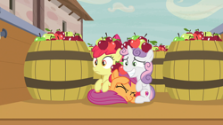 Size: 1920x1080 | Tagged: safe, screencap, apple bloom, scootaloo, sweetie belle, earth pony, pegasus, pony, unicorn, hard to say anything, behaving like apples, cute, cutie mark crusaders, eyes closed, female, frown, grin, hiding, mare, nervous, prone, sitting, smiling, squee, wide eyes