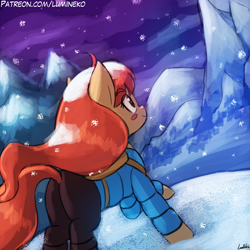 Size: 750x750 | Tagged: safe, artist:lumineko, derpibooru import, earth pony, pony, celeste, crossover, madeline, mountain, night, plot, ponified, smiling, snow, solo, video game