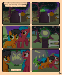 Size: 900x1080 | Tagged: safe, artist:lister-of-smeg, derpibooru import, oc, oc:crosspatch, oc:lazybug, earth pony, pony, comic:zap-o-lantern, colt, comic, female, male, mare, trash can