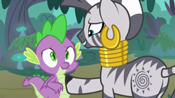 Size: 1280x720 | Tagged: safe, derpibooru import, screencap, spike, zecora, dragon, zebra, molt down, ear piercing, earring, everfree forest, female, forest, hoof on chest, jewelry, looking at each other, male, mare, piercing, plot, smiling, winged spike