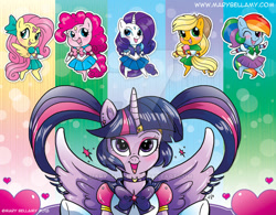 Size: 600x467 | Tagged: safe, artist:marybellamy, derpibooru import, applejack, fluttershy, pinkie pie, rainbow dash, rarity, twilight sparkle, anthro, chibi, horn, mane six, one eye closed, sailor moon, sailor uniform, smiling, watermark, wings, wink