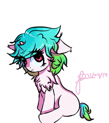 Size: 800x900 | Tagged: safe, artist:cysd16, oc, oc only, oc:aquamarine, pony, unicorn, chest fluff, ear fluff, female, filly, frown, looking up, multicolored hair, multicolored mane, multicolored tail, pink coat, pink eyes, shy, simple background, sitting, small, small horn, solo, white background