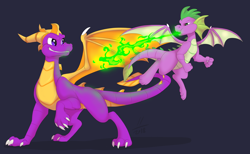Size: 8138x5006 | Tagged: safe, artist:avaroncave, derpibooru import, spike, dragon, absurd resolution, crossover, fire, fire breath, flying, male, simple background, spyro the dragon, the legend of spyro, winged spike