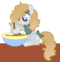 Size: 570x582 | Tagged: safe, artist:crystalponyart7669, derpibooru import, oc, oc:sugar butter, earth pony, pony, bowl, female, mare, simple background, sitting, solo, transparent background