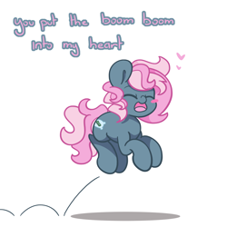 Size: 1500x1500 | Tagged: safe, artist:lou, derpibooru import, oc, oc only, oc:juicy dream, earth pony, pony, eyes closed, female, happy, heart, jumping, mare, pronking, singing, solo