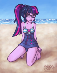 Size: 1100x1400 | Tagged: safe, artist:gluestickfix, derpibooru import, sci-twi, twilight sparkle, better together, equestria girls, forgotten friendship, beach, clothes, feet, female, glasses, solo, swimsuit