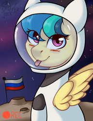 Size: 1181x1535 | Tagged: safe, artist:php97, derpibooru import, oc, oc:apogee, pegasus, pony, astronaut, blushing, camera shot, female, flag, looking at you, mare, moon, recording, russia, russian flag, solo, space, spacesuit, tongue out