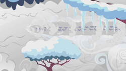 Size: 1280x720 | Tagged: safe, derpibooru import, screencap, pony, winter wrap up, flying, icicle, overcast, snow, tree, weather team, winter