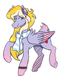 Size: 1105x1399 | Tagged: safe, artist:kikirdcz, oc, oc only, oc:cloud heartshine, pegasus, pony, clothes, colored wings, colored wingtips, female, gradient hooves, hoers, mare, multicolored wings, raised hoof, scarf, simple background, solo, spiked wristband, transparent background, wristband