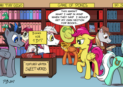Size: 1754x1240 | Tagged: safe, artist:pony-berserker, lyra heartstrings, roseluck, oc, oc:longhaul, oc:silver sickle, oc:slipstream, oc:southern comfort, oc:sweet words, pegasus, pony, unicorn, 50 shades of hay, book, bookshelf, dialogue, discount, game of thrones, george r.r. martin, i can't believe it's not idw, my tiny gecko, not scootaloo, pone, speech bubble