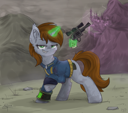Size: 1499x1328 | Tagged: safe, artist:airfly-pony, artist:haruhi-il, derpibooru import, oc, oc only, oc:littlepip, pony, unicorn, fallout equestria, apocalypse, blood, brown mane, brown tail, canterlot, clothes, cute, ear fluff, fallout, fanfic, fanfic art, female, fluffy, glowing horn, gray coat, green eyes, ground, gun, handgun, hooves, horn, levitation, lidded eyes, little macintosh, looking at you, magic, mare, pink cloud (fo:e), pipbuck, raised hoof, rcf community, revolver, smiling, solo, stone, teeth, telekinesis, vault suit, wasteland, weapon