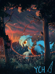 Size: 2000x2683 | Tagged: safe, artist:atlas-66, derpibooru import, oc, oc only, pony, unicorn, advertisement, bag, commission, female, floppy ears, forest, mare, not lyra, running, scenery, smiling, solo, your character here
