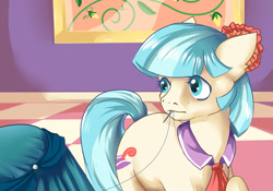 Size: 1024x717 | Tagged: safe, artist:rosewend, coco pommel, pony, clothes, dress, mouth hold, needle, solo, thread