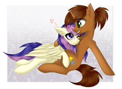 Size: 1024x744 | Tagged: safe, artist:queenofsilvers, derpibooru import, oc, oc only, oc:coppercore, oc:lilith kamaria, blushing, cuddling, male, shipping, smiling, stallion