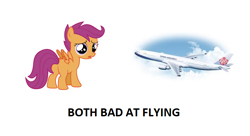 Size: 726x394 | Tagged: safe, derpibooru import, scootaloo, abuse, china airlines, female, op is a cuck, plane, scootabuse, scootaloo can't fly