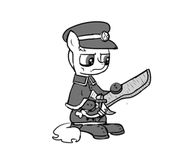 Size: 640x600 | Tagged: safe, artist:ficficponyfic, derpibooru import, oc, oc only, oc:lucian, arrow, black and white, bone, boots, button, cross stitch, cyoa, cyoa:the wizard of logic tower, emblem, fangs, grayscale, grim expression, hat, leather, monochrome, shoes, story included, sword, tooth, weapon