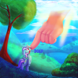 Size: 1000x1000 | Tagged: safe, artist:discorded, derpibooru import, lyra heartstrings, human, pony, unicorn, atg 2018, bipedal, boop, bush, cloud, cute, daaaaaaaaaaaw, disembodied hand, female, floppy ears, hand, heart eyes, heavenly boop, hill, horn, lake, lyrabetes, newbie artist training grounds, rainbow, smiling, the hand of god, tree, weapons-grade cute, wingding eyes