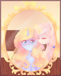 Size: 2076x2576 | Tagged: safe, artist:shimayaeiko, derpibooru import, oc, oc only, pony, unicorn, brushie, brushing, female, glowing horn, hairbrush, mare, mirror