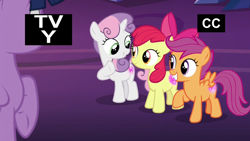 Size: 1920x1080 | Tagged: safe, derpibooru import, screencap, apple bloom, scootaloo, sweetie belle, twilight sparkle, twilight sparkle (alicorn), alicorn, surf and/or turf, booty call, cutie mark crusaders, discovery family logo, glowing cutie mark