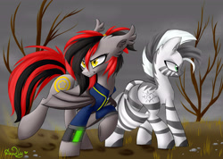 Size: 4500x3200 | Tagged: safe, artist:cecilia_trager, derpibooru import, oc, oc:ferncloud, oc:tomoko tanue, bat pony, zebra, fallout equestria, bat pony oc, clothes, female, mare, pipbuck, raised hoof, vault suit, ych result