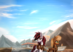 Size: 1400x1000 | Tagged: safe, artist:xeniusfms, derpibooru import, oc, oc only, oc:blackjack, oc:threnody, pegasus, pony, unicorn, fallout equestria, fallout equestria: project horizons, fallout equestria: speak, clothes, fanfic art, gas station, road, wasteland