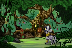 Size: 1024x683 | Tagged: safe, artist:thefinallion, zecora, zebra, everfree forest, forest, looking at you, looking back, smiling, solo, tensik, tree, zecora's hut